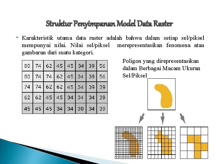 Struktur Penyimpanan Model Data Raster Karakteristik utama data raster adalah bahwa dalam setiap sel/piksel