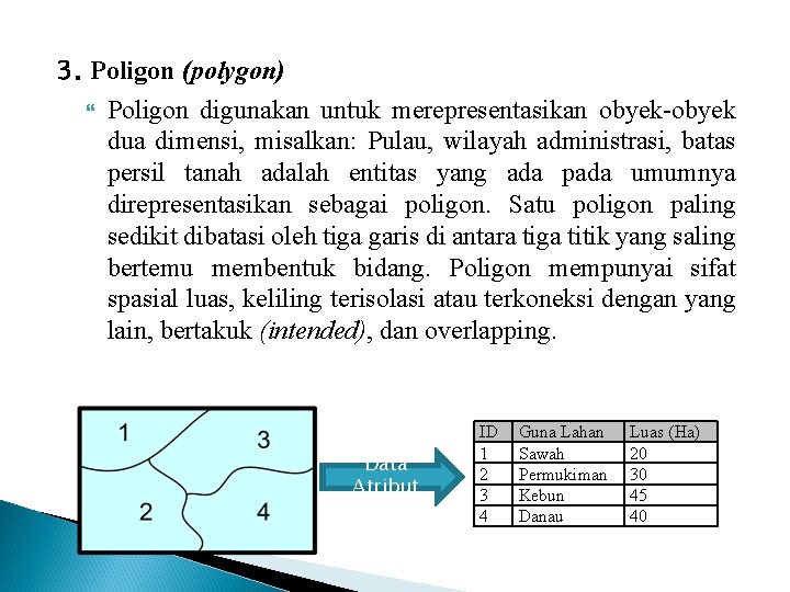 3. Poligon (polygon) Poligon digunakan untuk merepresentasikan obyek-obyek dua dimensi, misalkan: Pulau, wilayah administrasi,