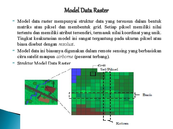 Model Data Raster Model data raster mempunyai struktur data yang tersusun dalam bentuk matriks