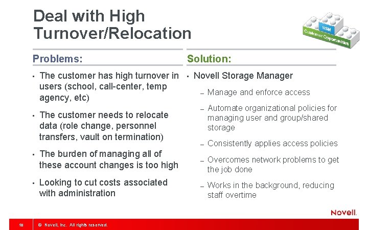 Deal with High Turnover/Relocation Problems: • • 18 The customer has high turnover in