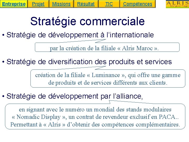 Entreprise Projet Missions Résultat TIC Compétences Stratégie commerciale • Stratégie de développement à l’internationale