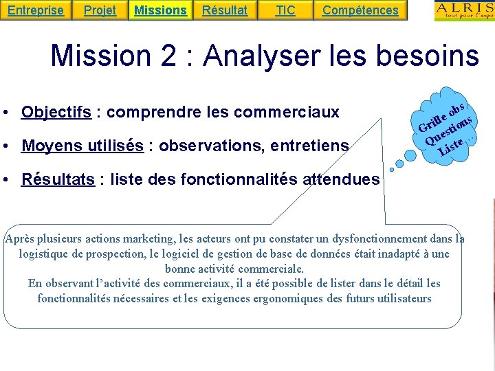 Entreprise Projet Missions Résultat TIC Compétences Mission 2 : Analyser les besoins • Objectifs