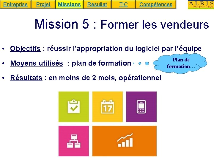 Entreprise Projet Missions Résultat TIC Compétences Mission 5 : Former les vendeurs • Objectifs