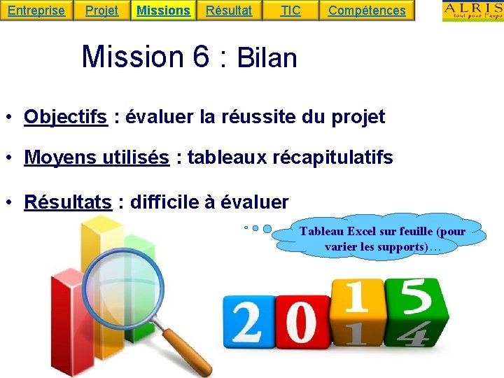 Entreprise Projet Missions Résultat TIC Compétences Mission 6 : Bilan • Objectifs : évaluer