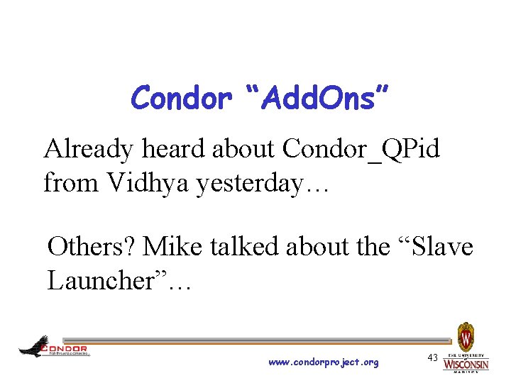 Condor “Add. Ons” Already heard about Condor_QPid from Vidhya yesterday… Others? Mike talked about