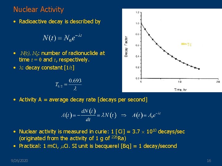 Nuclear Activity • Radioactive decay is described by 99 m. Tc • N(t), N