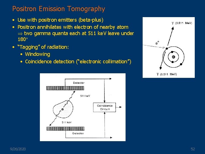 Positron Emission Tomography • Use with positron emitters (beta-plus) • Positron annihilates with electron