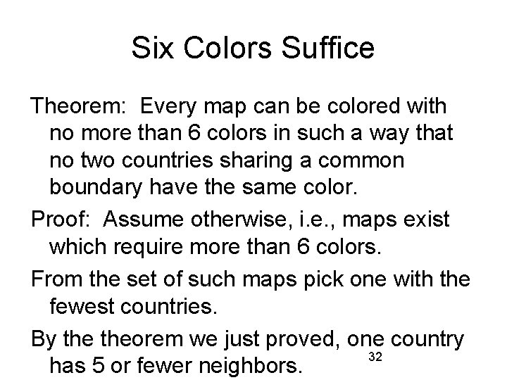 Six Colors Suffice Theorem: Every map can be colored with no more than 6