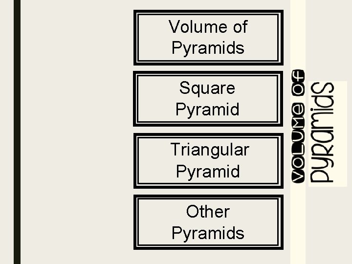 Volume of Pyramids Square Pyramid Triangular Pyramid Other Pyramids 