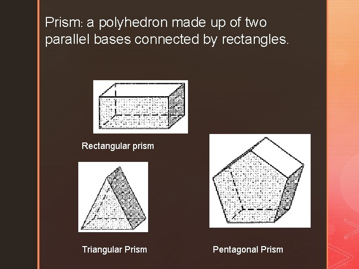 Prism: a polyhedron made up of two parallel bases connected by rectangles. Rectangular prism