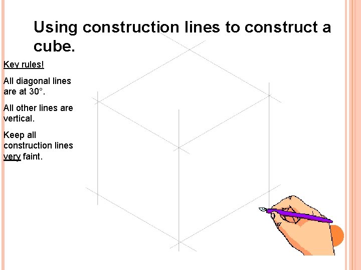 Using construction lines to construct a cube. Key rules! All diagonal lines are at