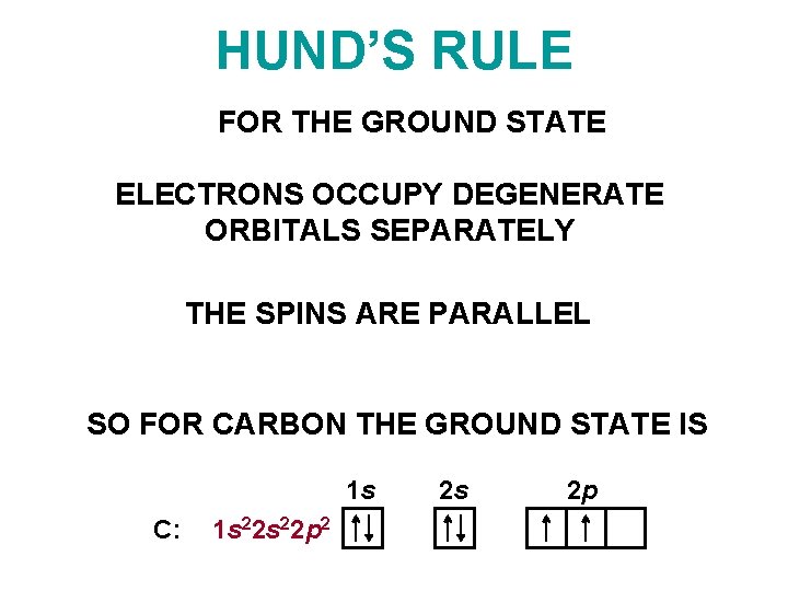 HUND’S RULE FOR THE GROUND STATE ELECTRONS OCCUPY DEGENERATE ORBITALS SEPARATELY THE SPINS ARE