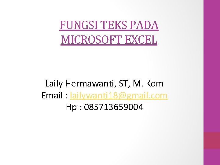 FUNGSI TEKS PADA MICROSOFT EXCEL Laily Hermawanti, ST, M. Kom Email : lailywanti 18@gmail.