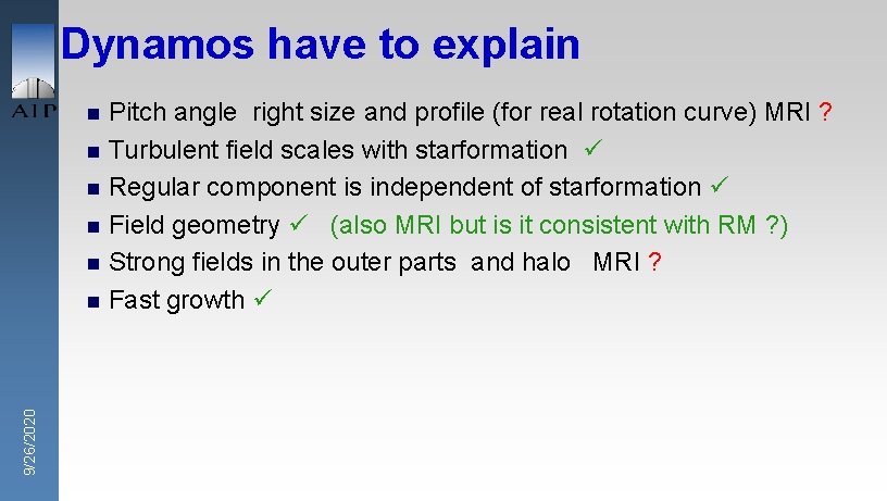 Dynamos have to explain Pitch angle right size and profile (for real rotation curve)