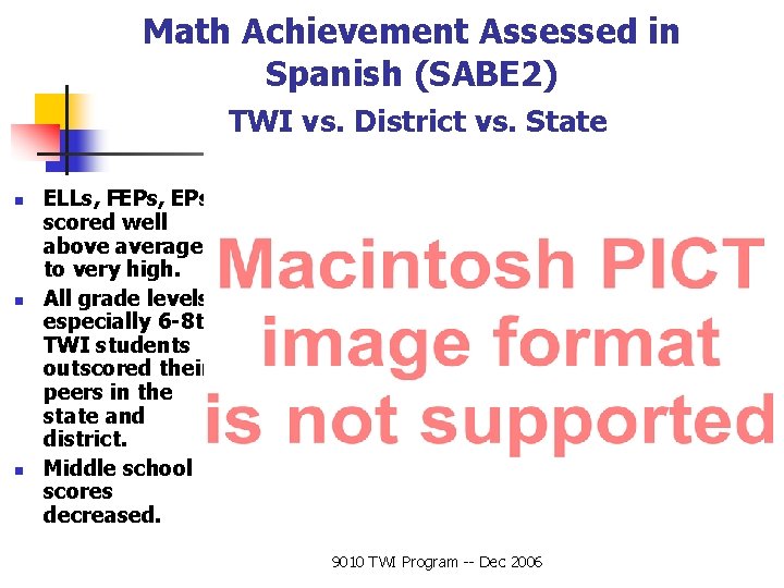 Math Achievement Assessed in Spanish (SABE 2) TWI vs. District vs. State n n