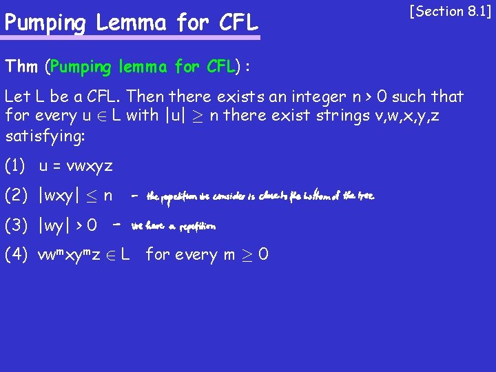 Pumping Lemma for CFL [Section 8. 1] Thm (Pumping lemma for CFL) : Let