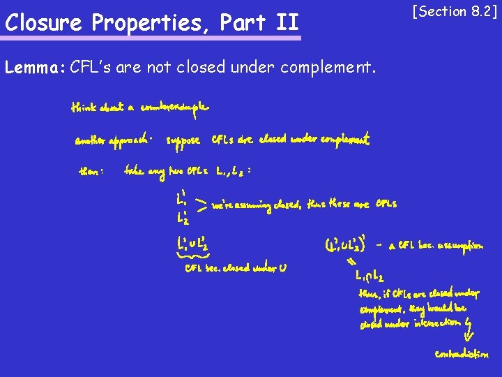 Closure Properties, Part II Lemma: CFL’s are not closed under complement. [Section 8. 2]