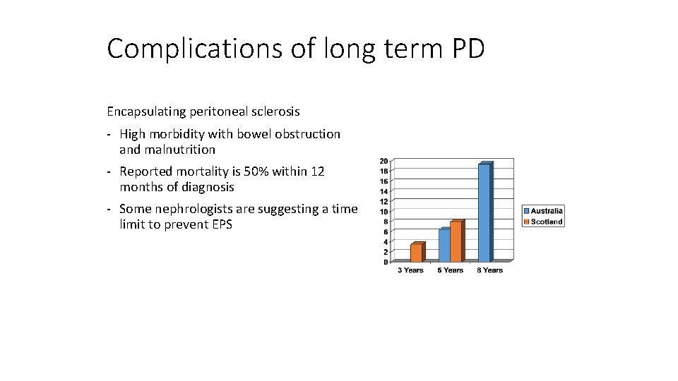 Complications of long term PD Encapsulating peritoneal sclerosis - High morbidity with bowel obstruction
