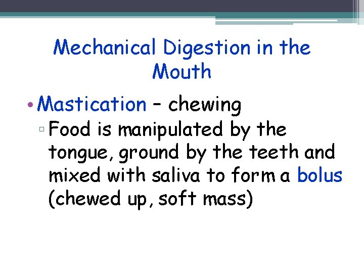 Mechanical Digestion in the Mouth • Mastication – chewing ▫ Food is manipulated by