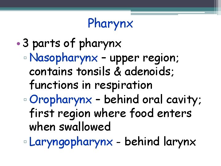 Pharynx • 3 parts of pharynx ▫ Nasopharynx – upper region; contains tonsils &