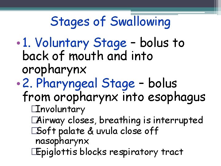 Stages of Swallowing • 1. Voluntary Stage – bolus to back of mouth and