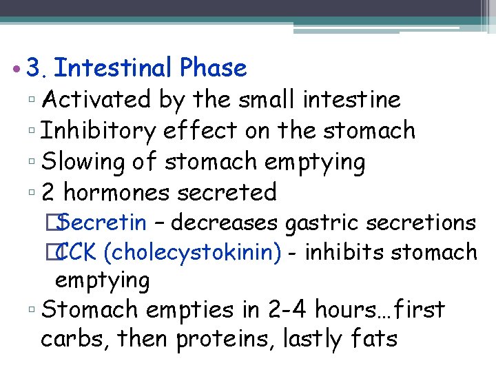  • 3. Intestinal Phase ▫ Activated by the small intestine ▫ Inhibitory effect