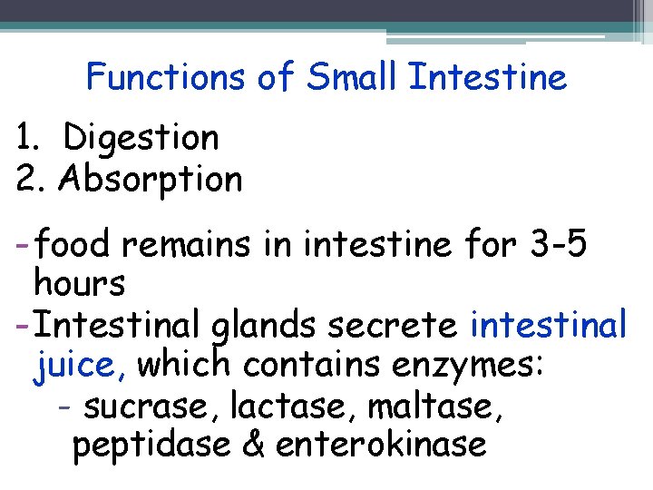 Functions of Small Intestine 1. Digestion 2. Absorption - food remains in intestine for