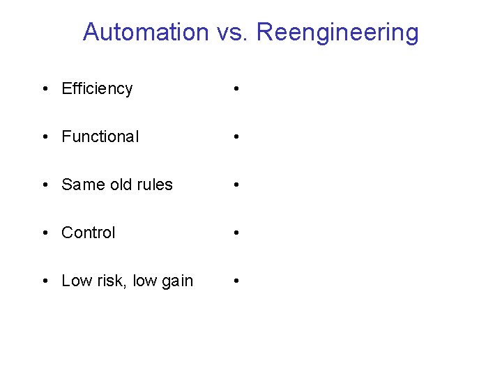 Automation vs. Reengineering • Efficiency • • Functional • • Same old rules •