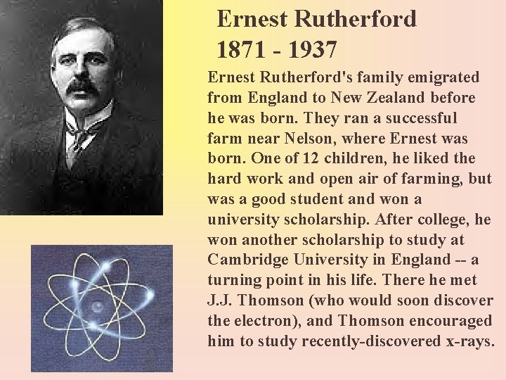 Ernest Rutherford 1871 - 1937 Ernest Rutherford's family emigrated from England to New Zealand Ernest Rutherford 1871 - 1937 Ernest Rutherford's family emigrated from England to New Zealand