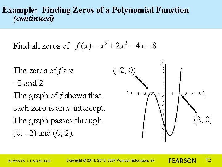 Example: Finding Zeros of a Polynomial Function (continued) Find all zeros of (– 2,