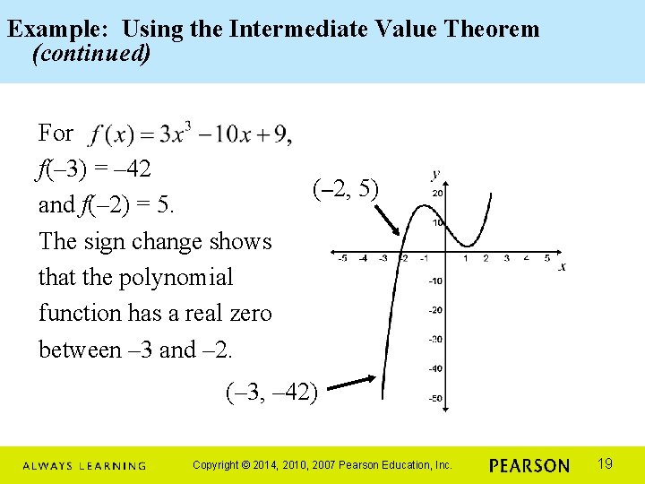 Example: Using the Intermediate Value Theorem (continued) For f(– 3) = – 42 and