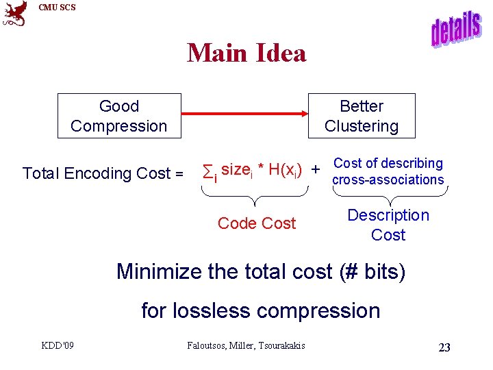 CMU SCS Main Idea Good Compression Total Encoding Cost = Better Clustering Cost of