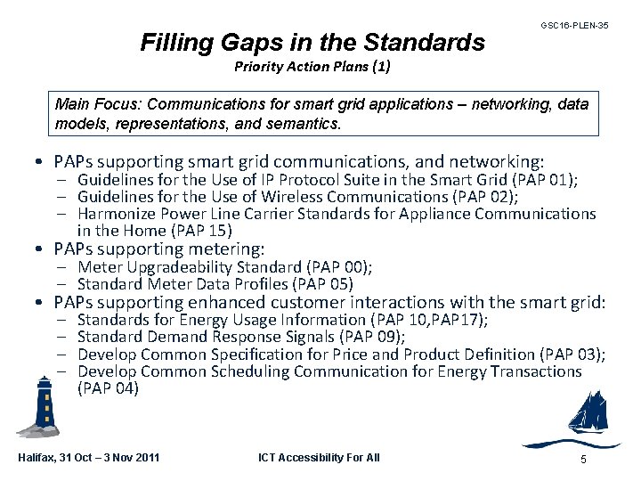 Filling Gaps in the Standards GSC 16 -PLEN-35 Priority Action Plans (1) Main Focus: