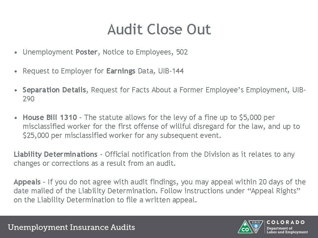 Audit Close Out • Unemployment Poster, Notice to Employees, 502 • Request to Employer