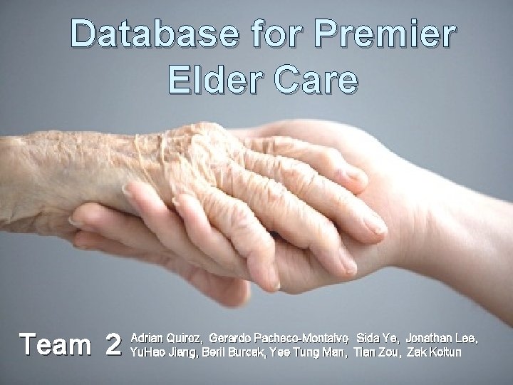 Database for Premier Elder Care Team 2 Adrian Quiroz, Gerardo Pacheco Montalvo, Sida Ye,