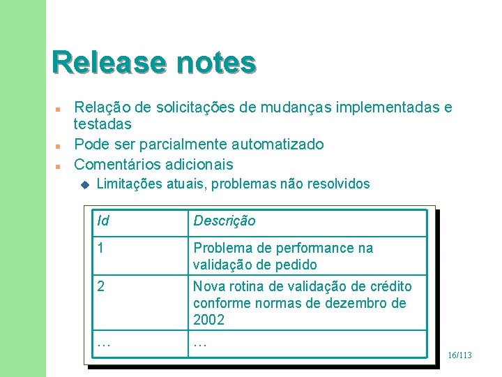 Release notes n n n Relação de solicitações de mudanças implementadas e testadas Pode