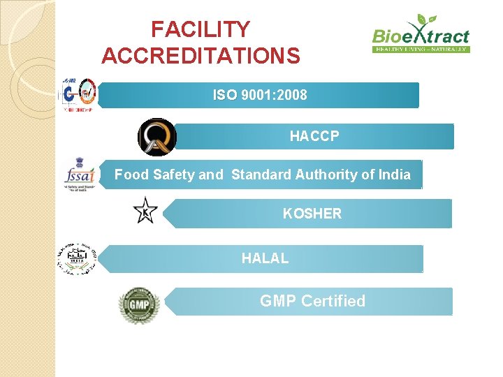 FACILITY ACCREDITATIONS ISO 9001: 2008 HACCP Food Safety and Standard Authority of India KOSHER