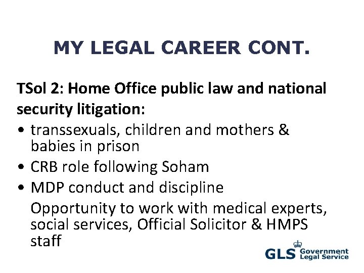 MY LEGAL CAREER CONT. TSol 2: Home Office public law and national security litigation: