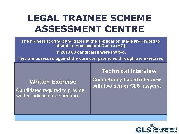 LEGAL TRAINEE SCHEME ASSESSMENT CENTRE The highest scoring candidates at the application stage are