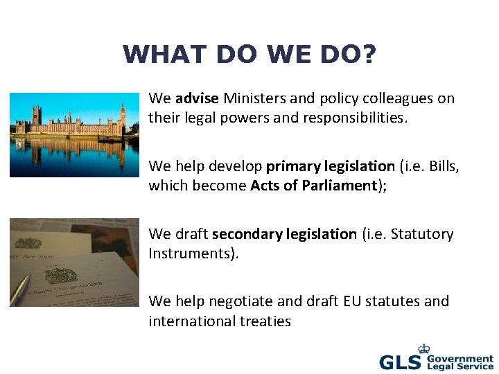 WHAT DO WE DO? We advise Ministers and policy colleagues on their legal powers