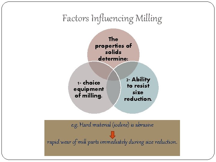 Factors Influencing Milling The properties of solids determine: 1 - choice equipment of milling.