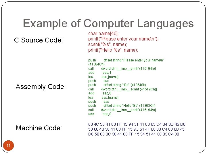 Example of Computer Languages C Source Code: 11 char name[40]; printf("Please enter your namen");