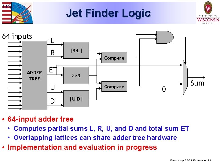 Jet Finder Logic 64 inputs L R ADDER TREE ET |R-L| Compare >>3 U