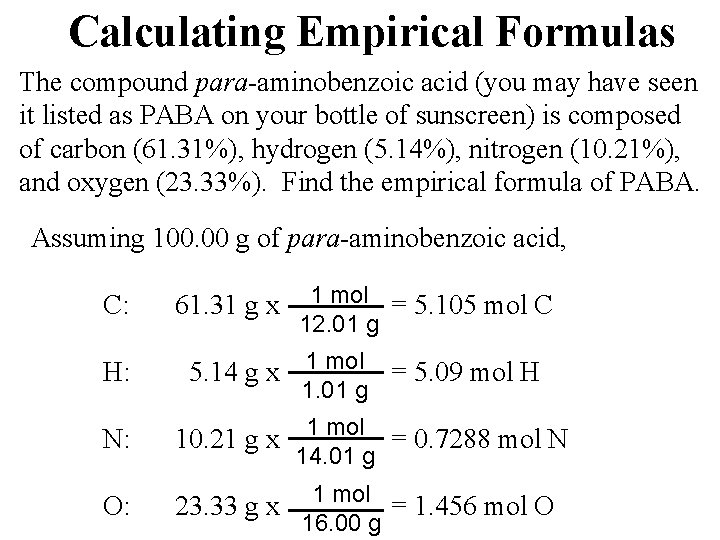 Calculating Empirical Formulas The compound para-aminobenzoic acid (you may have seen it listed as