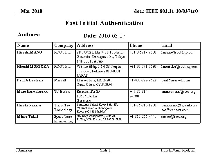 Mar 2010 doc. : IEEE 802. 11 -10/0371 r 0 Fast Initial Authentication Authors: