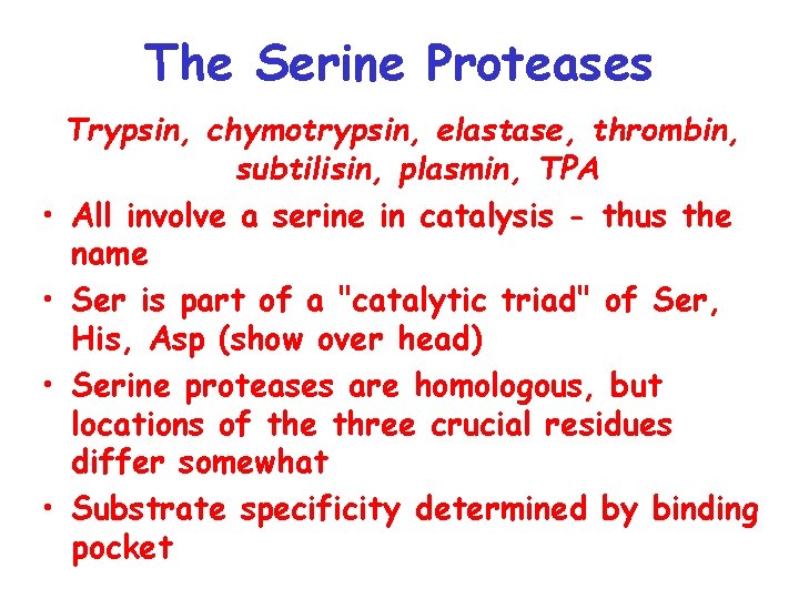 The Serine Proteases • • Trypsin, chymotrypsin, elastase, thrombin, subtilisin, plasmin, TPA All involve