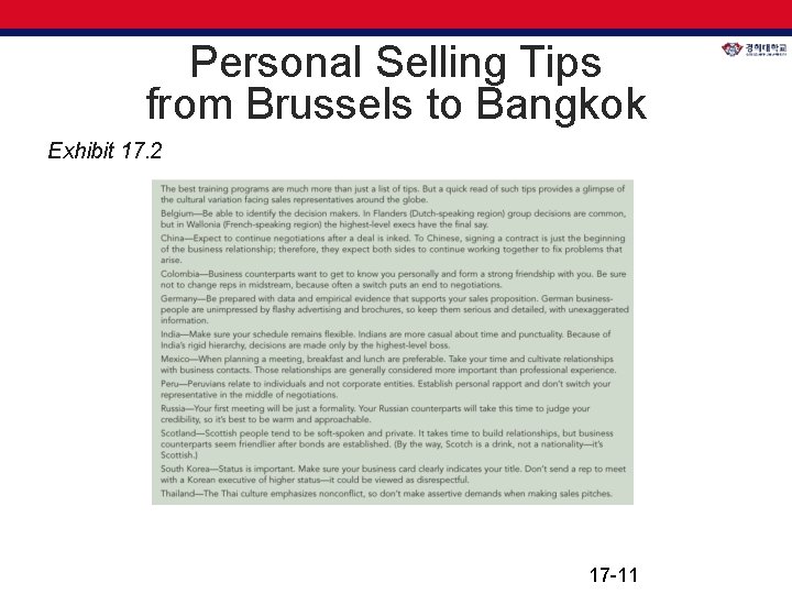 Personal Selling Tips from Brussels to Bangkok Exhibit 17. 2 17 -11 