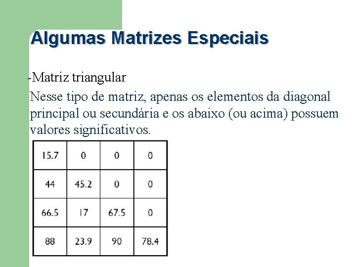 Algumas Matrizes Especiais -Matriz triangular Nesse tipo de matriz, apenas os elementos da diagonal