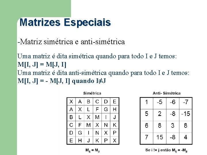 Matrizes Especiais -Matriz simétrica e anti-simétrica Uma matriz é dita simétrica quando para todo