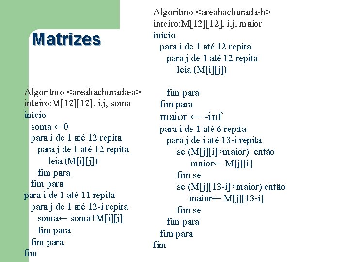 Matrizes Algoritmo <areahachurada-a> inteiro: M[12], i, j, soma início soma ← 0 para i